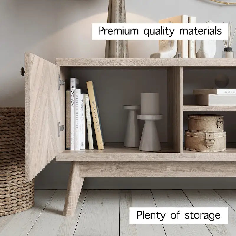 Meuble TV avec portes de placard à chevrons et pieds en bois, convient aux téléviseurs jusqu'à 65 pouces