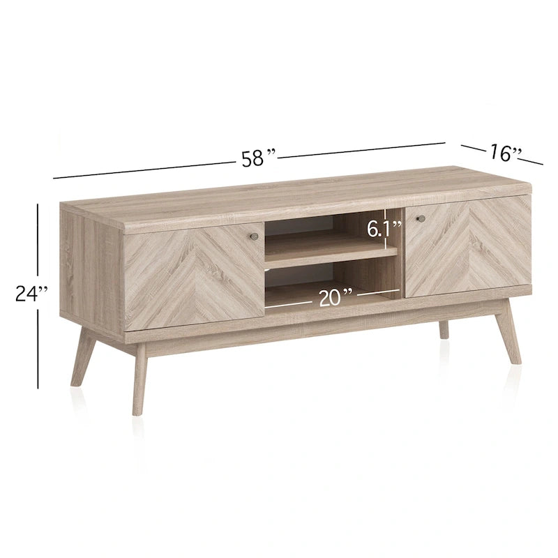 Meuble TV avec portes de placard à chevrons et pieds en bois, convient aux téléviseurs jusqu'à 65 pouces