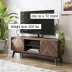 Meuble TV avec portes de placard à chevrons et pieds en bois, convient aux téléviseurs jusqu'à 65 pouces