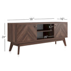 Meuble TV avec portes de placard à chevrons et pieds en bois, convient aux téléviseurs jusqu'à 65 pouces
