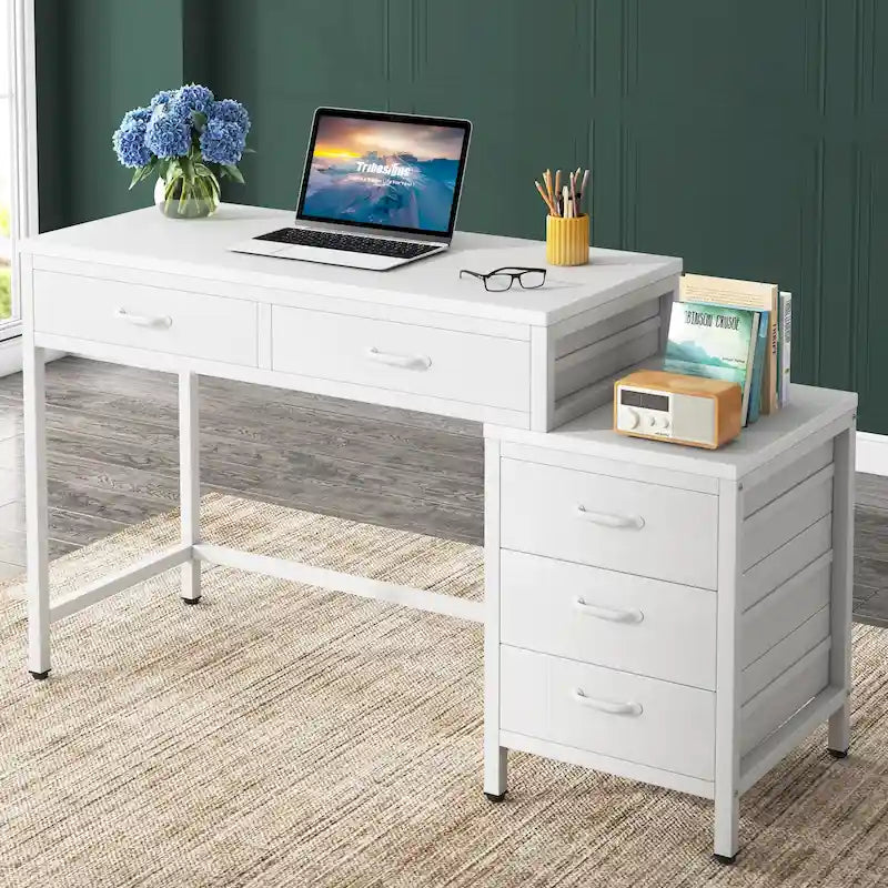 Bureau d'ordinateur avec caisson à 2 tiroirs et meuble de classement à 3 tiroirs