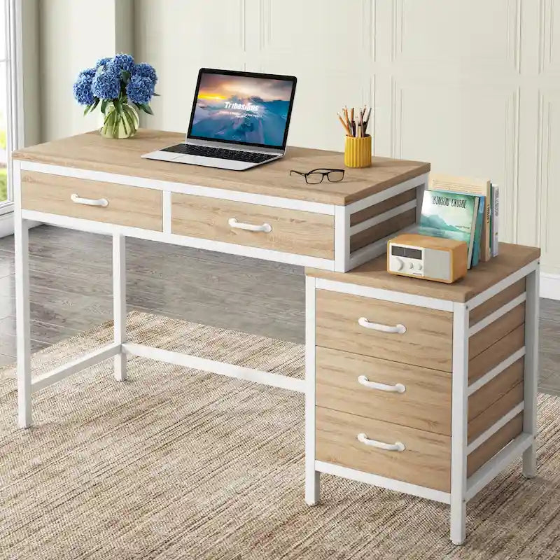 Bureau d'ordinateur avec caisson à 2 tiroirs et meuble de classement à 3 tiroirs
