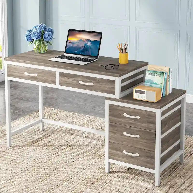 Bureau d'ordinateur avec caisson à 2 tiroirs et meuble de classement à 3 tiroirs