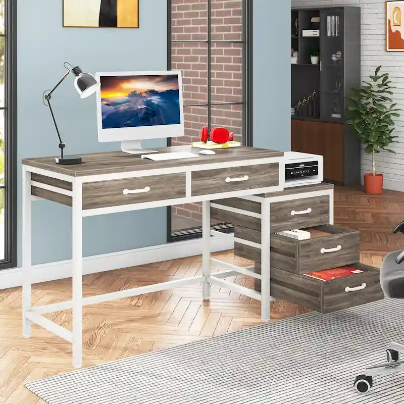 Bureau d'ordinateur avec caisson à 2 tiroirs et meuble de classement à 3 tiroirs