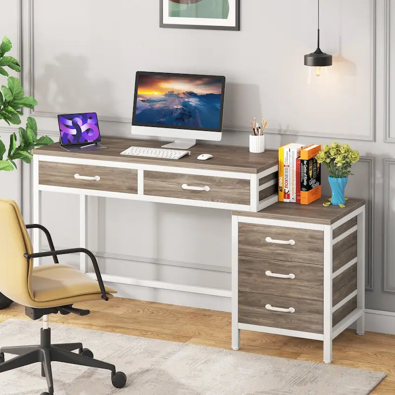 Bureau d'ordinateur avec caisson à 2 tiroirs et meuble de classement à 3 tiroirs