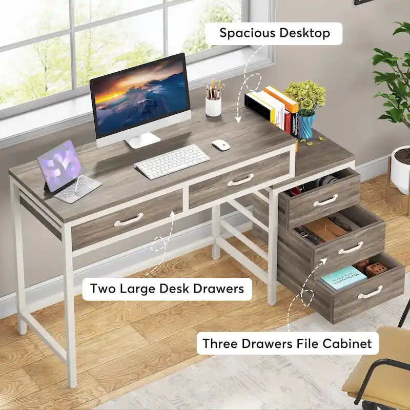 Bureau d'ordinateur avec caisson à 2 tiroirs et meuble de classement à 3 tiroirs