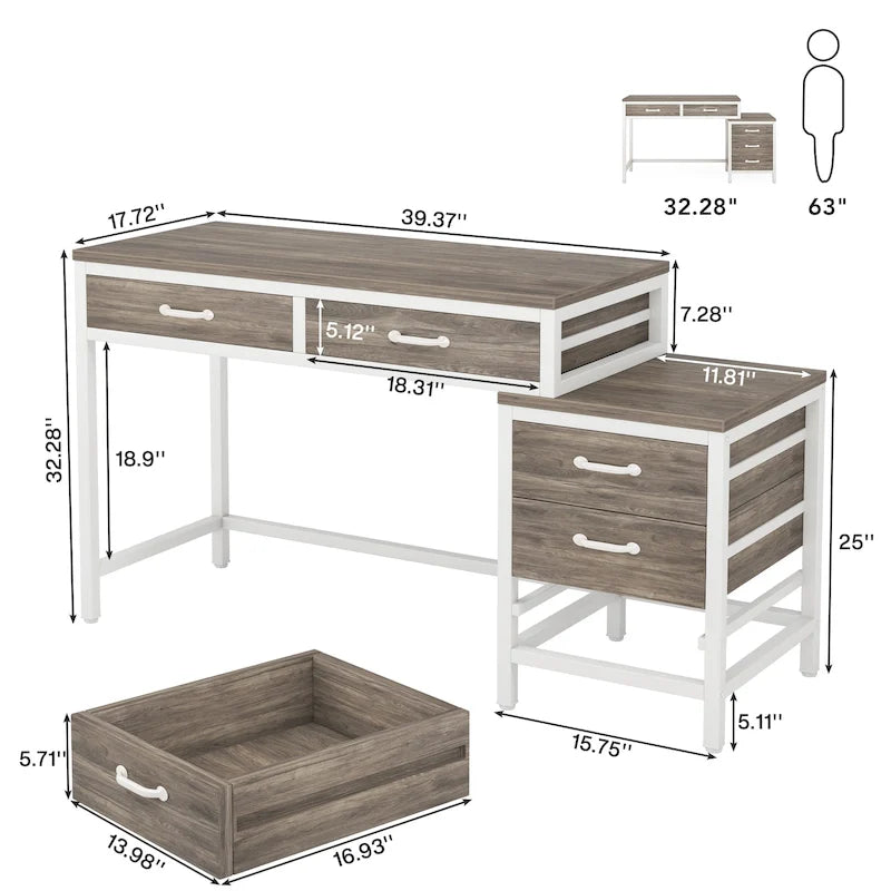 Bureau d'ordinateur avec caisson à 2 tiroirs et meuble de classement à 3 tiroirs