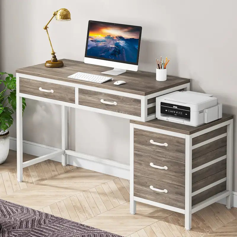 Bureau d'ordinateur avec caisson à 2 tiroirs et meuble de classement à 3 tiroirs