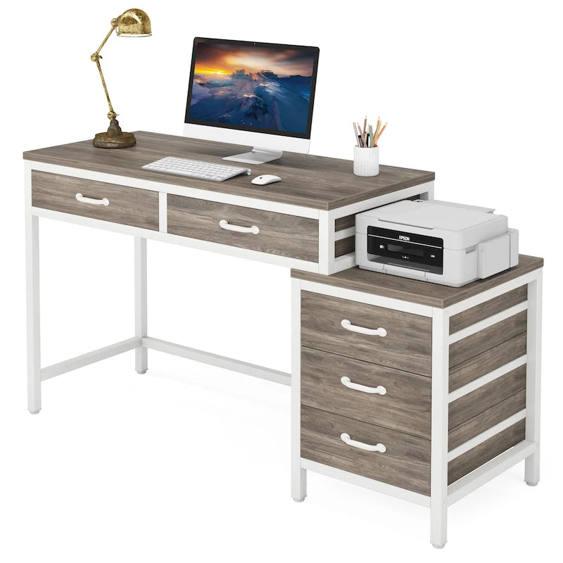 Bureau d'ordinateur avec caisson à 2 tiroirs et meuble de classement à 3 tiroirs