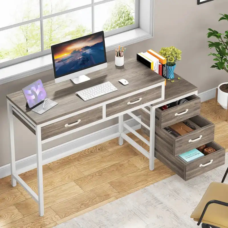 Bureau d'ordinateur avec caisson à 2 tiroirs et meuble de classement à 3 tiroirs