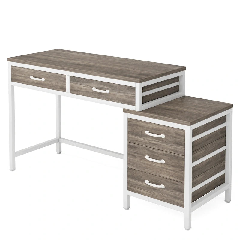 Bureau d'ordinateur avec caisson à 2 tiroirs et meuble de classement à 3 tiroirs