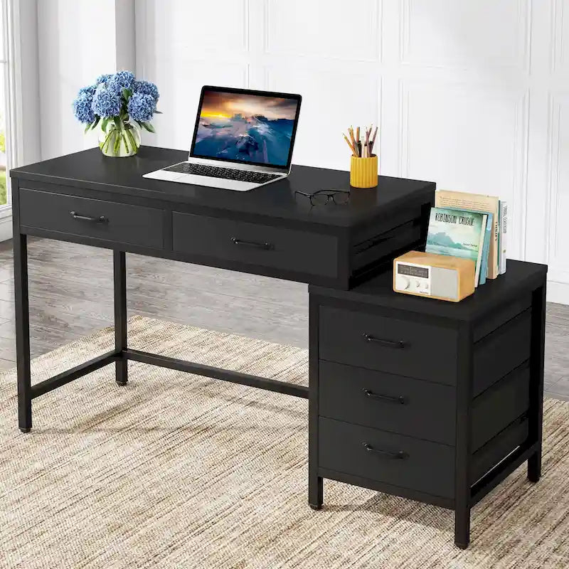 Bureau d'ordinateur avec caisson à 2 tiroirs et meuble de classement à 3 tiroirs