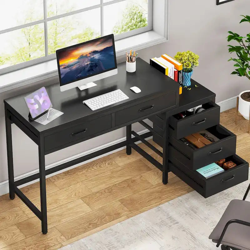 Bureau d'ordinateur avec caisson à 2 tiroirs et meuble de classement à 3 tiroirs