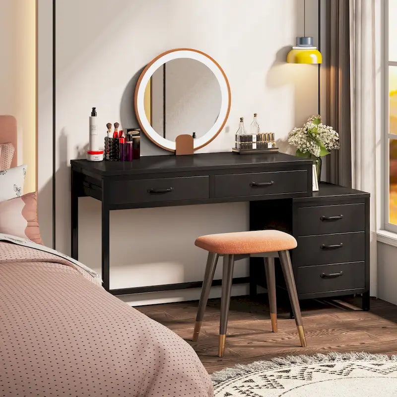 Bureau d'ordinateur avec caisson à 2 tiroirs et meuble de classement à 3 tiroirs