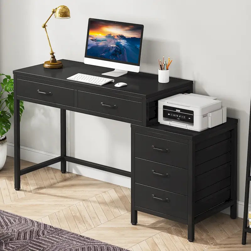 Bureau d'ordinateur avec caisson à 2 tiroirs et meuble de classement à 3 tiroirs