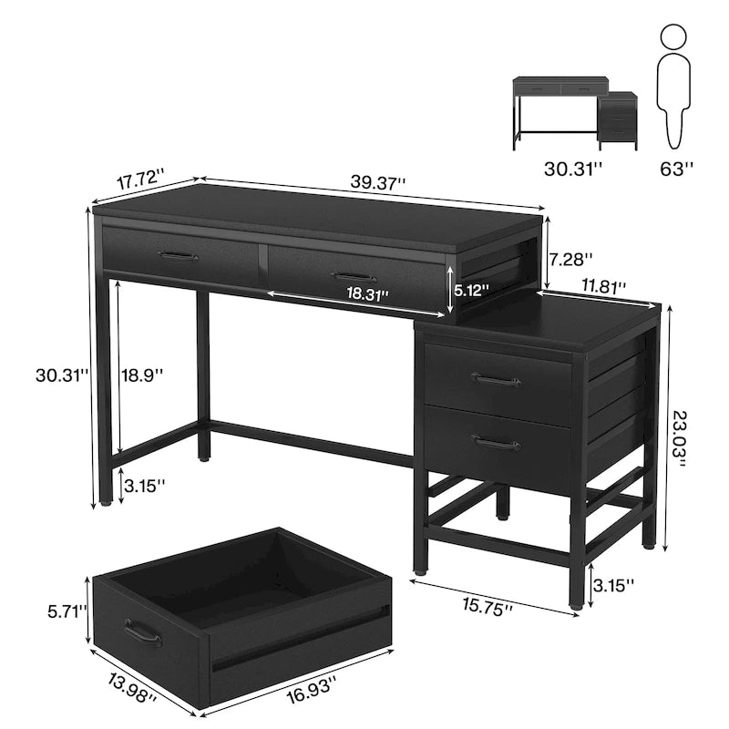Bureau d'ordinateur avec caisson à 2 tiroirs et meuble de classement à 3 tiroirs