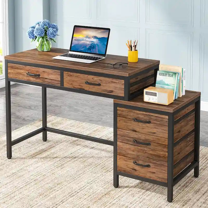 Bureau d'ordinateur avec caisson à 2 tiroirs et meuble de classement à 3 tiroirs