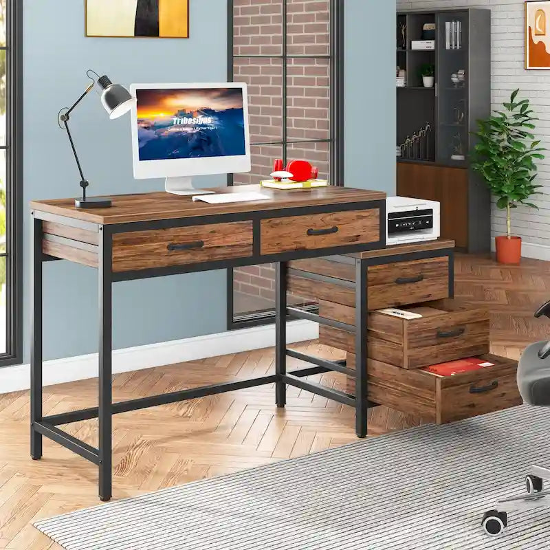 Bureau d'ordinateur avec caisson à 2 tiroirs et meuble de classement à 3 tiroirs