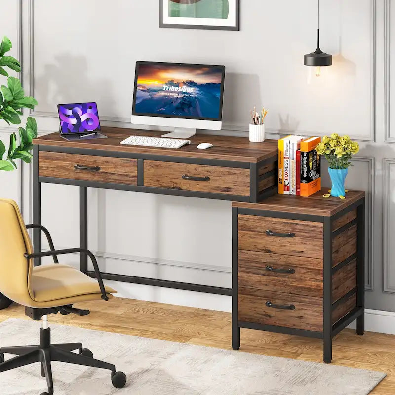 Bureau d'ordinateur avec caisson à 2 tiroirs et meuble de classement à 3 tiroirs