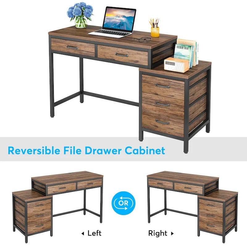 Bureau d'ordinateur avec caisson à 2 tiroirs et meuble de classement à 3 tiroirs