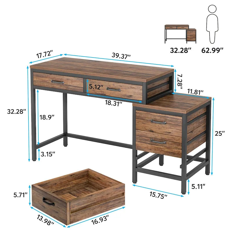 Bureau d'ordinateur avec caisson à 2 tiroirs et meuble de classement à 3 tiroirs