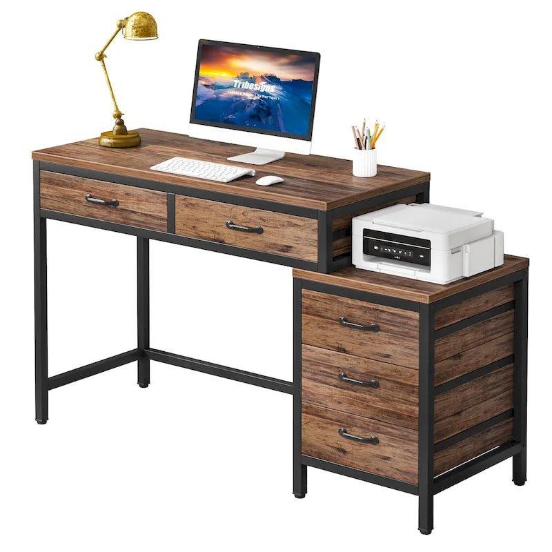 Bureau d'ordinateur avec caisson à 2 tiroirs et meuble de classement à 3 tiroirs