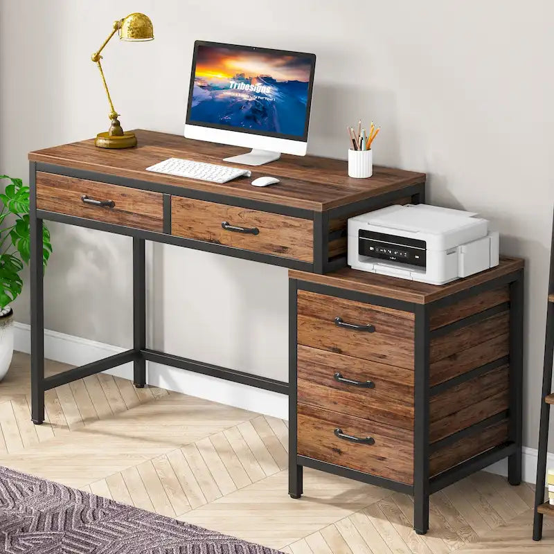 Bureau d'ordinateur avec caisson à 2 tiroirs et meuble de classement à 3 tiroirs