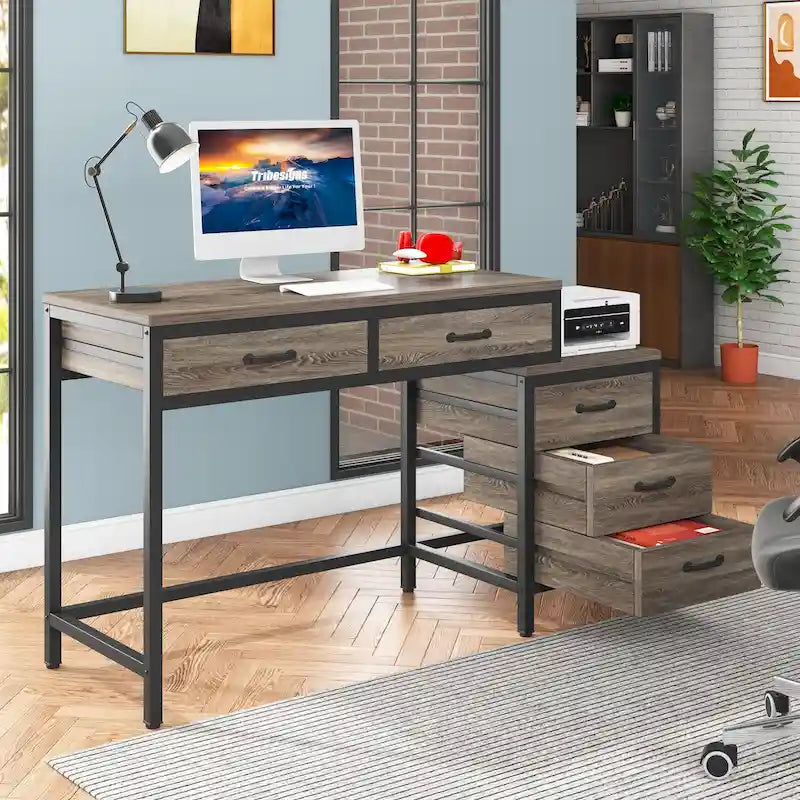 Bureau d'ordinateur avec caisson à 2 tiroirs et meuble de classement à 3 tiroirs