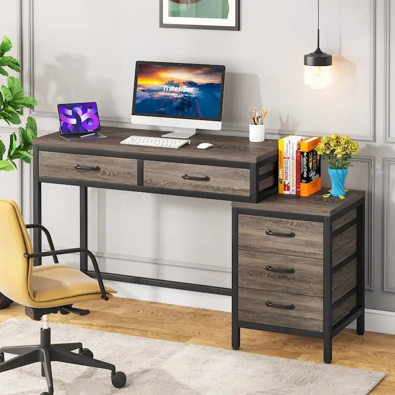 Bureau d'ordinateur avec caisson à 2 tiroirs et meuble de classement à 3 tiroirs