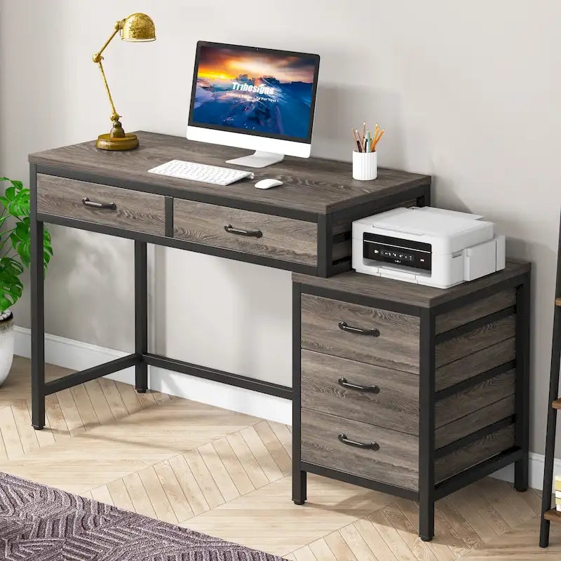 Bureau d'ordinateur avec caisson à 2 tiroirs et meuble de classement à 3 tiroirs