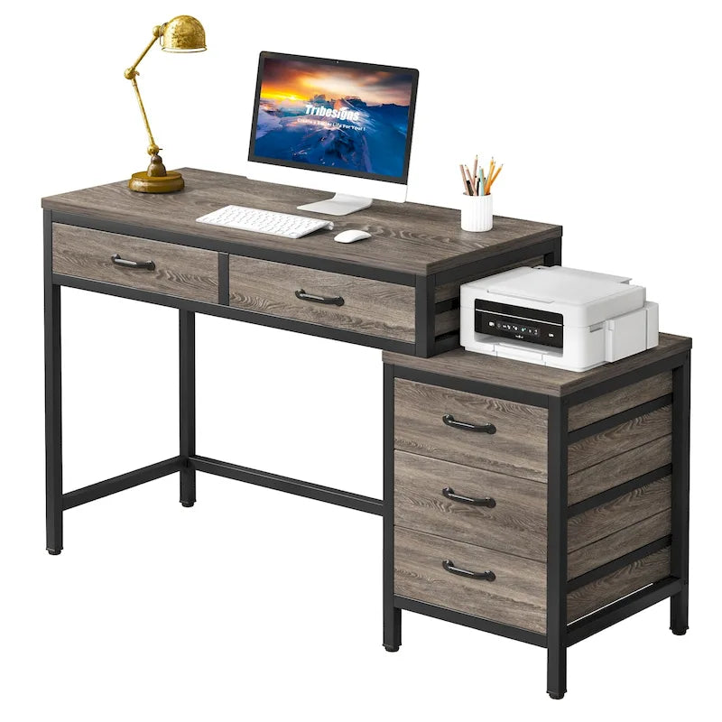 Bureau d'ordinateur avec caisson à 2 tiroirs et meuble de classement à 3 tiroirs