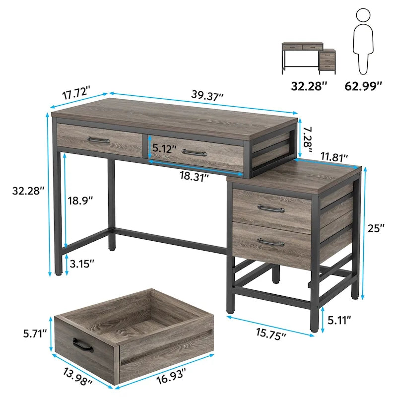 Bureau d'ordinateur avec caisson à 2 tiroirs et meuble de classement à 3 tiroirs