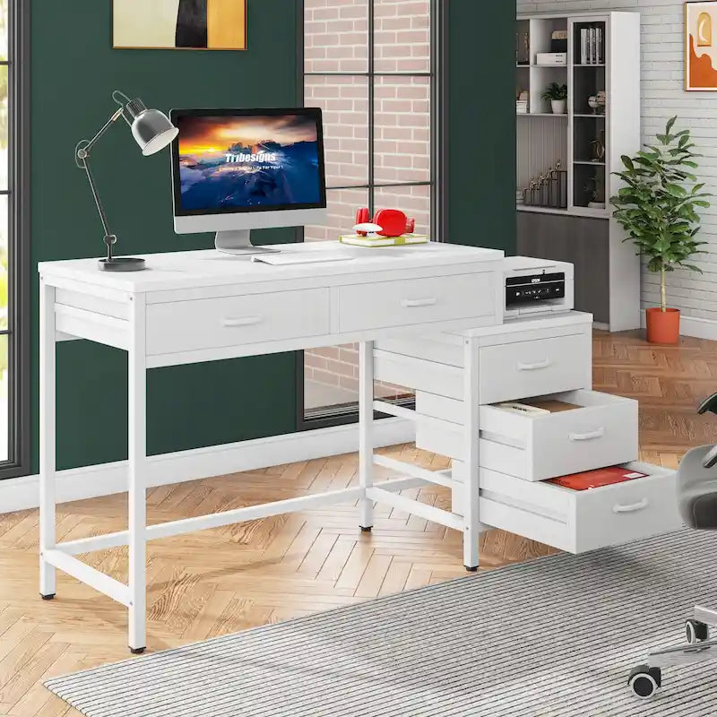 Bureau d'ordinateur avec caisson à 2 tiroirs et meuble de classement à 3 tiroirs