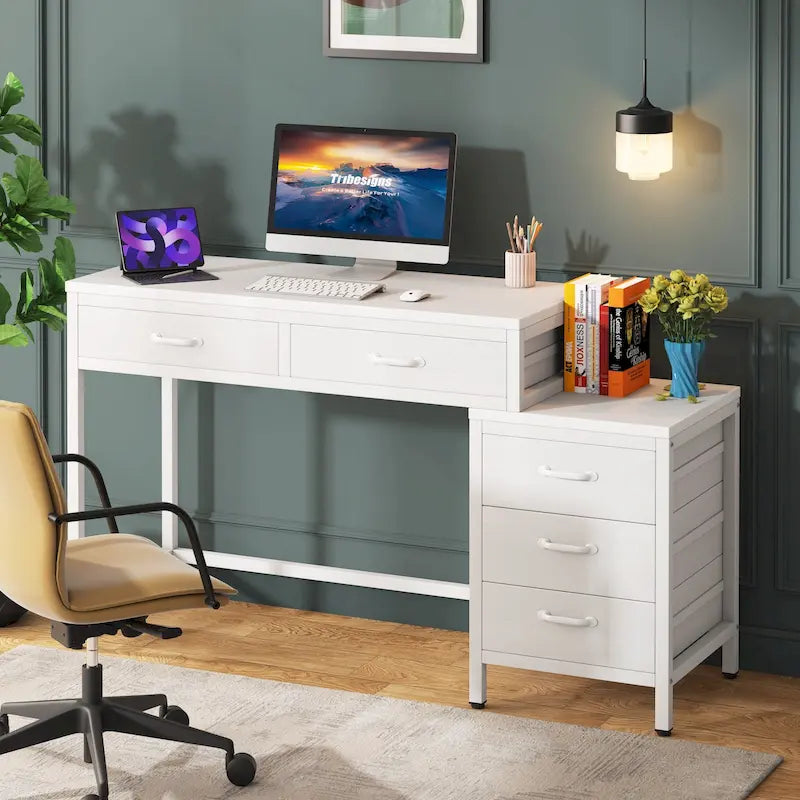 Bureau d'ordinateur avec caisson à 2 tiroirs et meuble de classement à 3 tiroirs