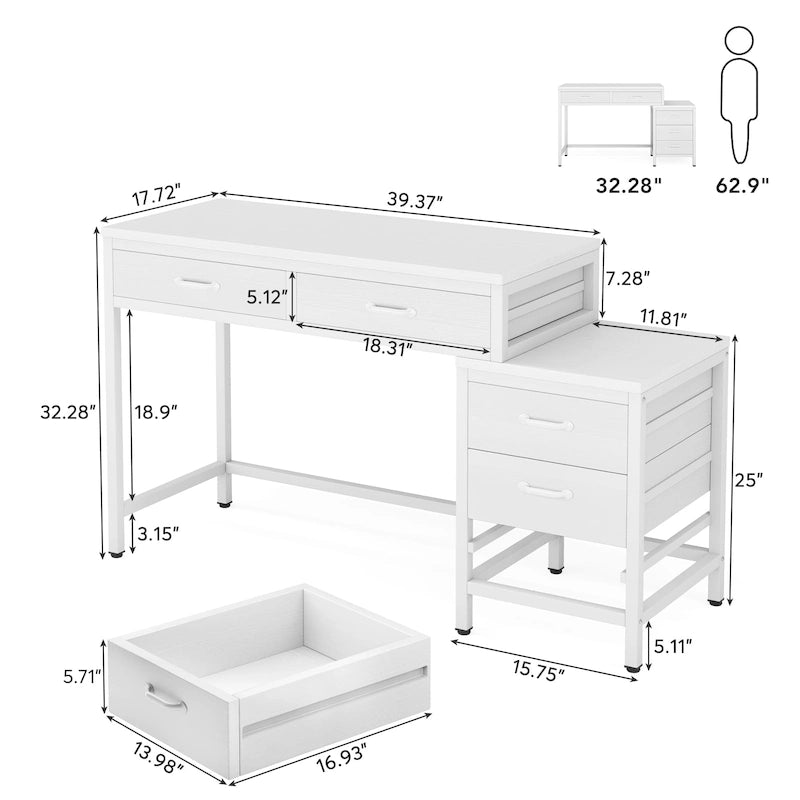 Bureau d'ordinateur avec caisson à 2 tiroirs et meuble de classement à 3 tiroirs