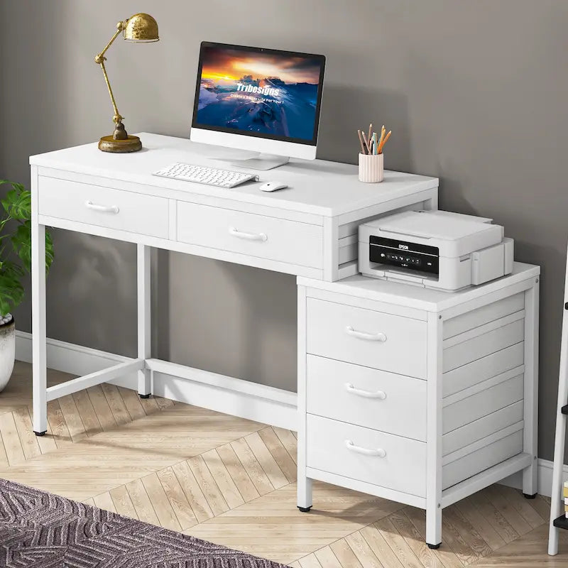 Bureau d'ordinateur avec caisson à 2 tiroirs et meuble de classement à 3 tiroirs