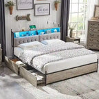 Cadre de lit King Size avec tiroirs de rangement, éclairage LED et station de recharge