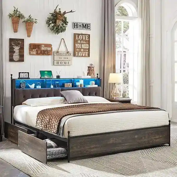 Cadre de lit King Size avec tiroirs de rangement, éclairage LED et station de recharge