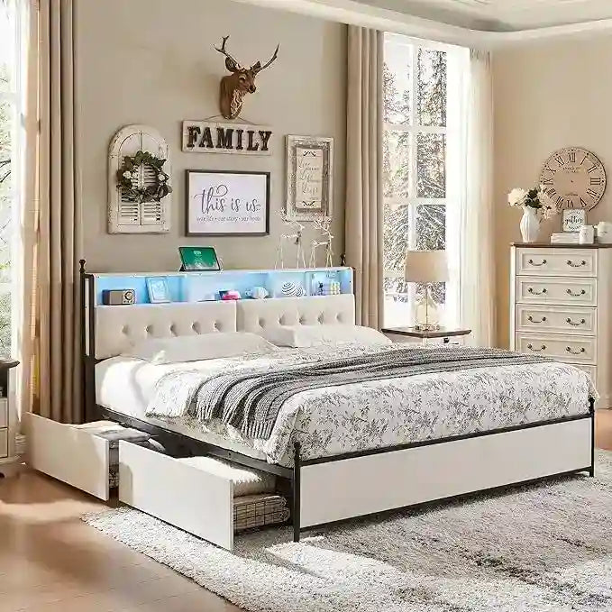 Cadre de lit King Size avec tiroirs de rangement, éclairage LED et station de recharge