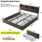 Cadre de lit King Size avec tiroirs de rangement, éclairage LED et station de recharge