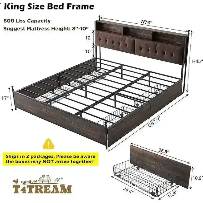 Cadre de lit King Size avec tiroirs de rangement, éclairage LED et station de recharge