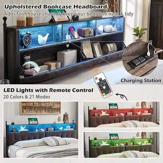 Cadre de lit King Size avec tiroirs de rangement, éclairage LED et station de recharge