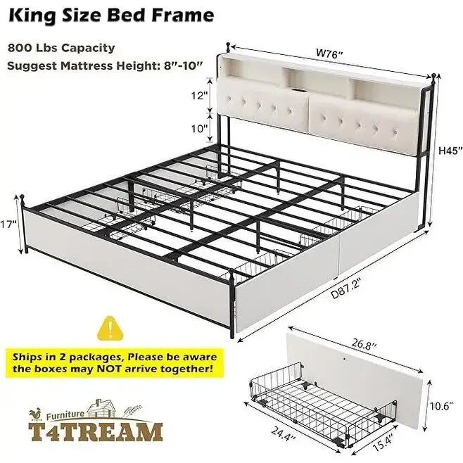 Cadre de lit King Size avec tiroirs de rangement, éclairage LED et station de recharge