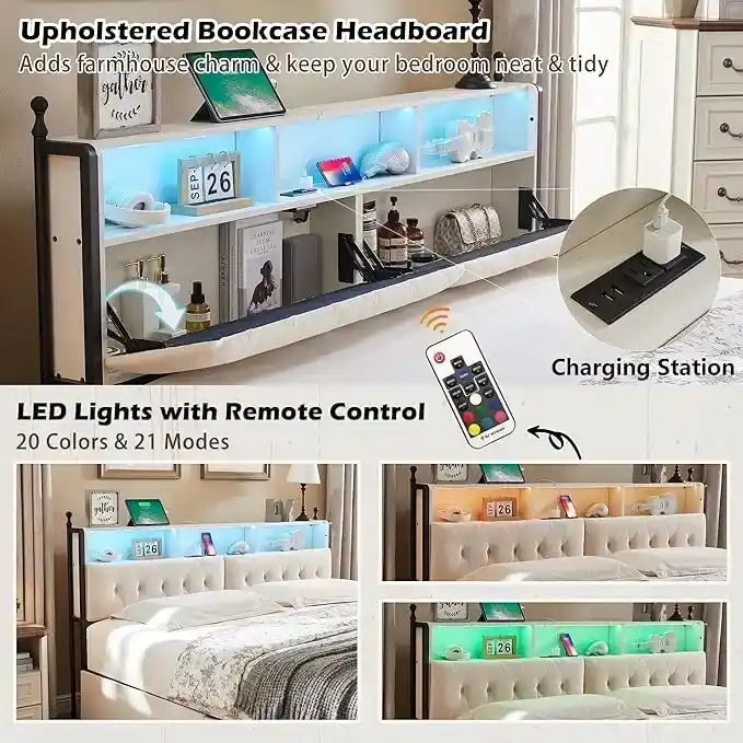 Cadre de lit King Size avec tiroirs de rangement, éclairage LED et station de recharge
