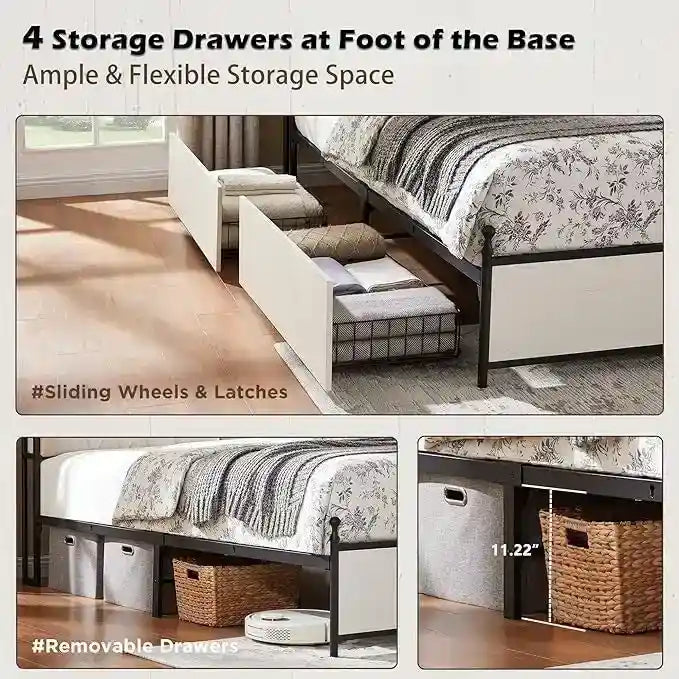 Cadre de lit King Size avec tiroirs de rangement, éclairage LED et station de recharge