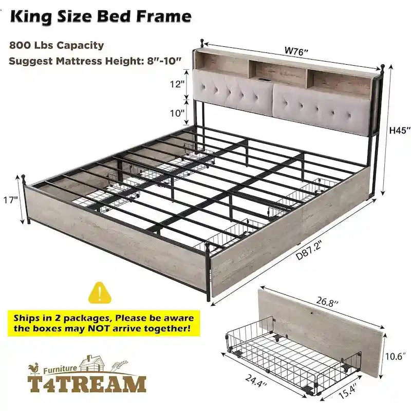 Cadre de lit King Size avec tiroirs de rangement, éclairage LED et station de recharge