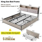 Cadre de lit King Size avec tiroirs de rangement, éclairage LED et station de recharge