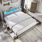 Cadre de lit King Size avec tiroirs de rangement, éclairage LED et station de recharge
