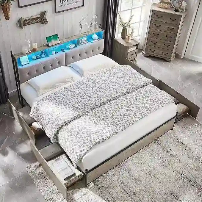 Cadre de lit King Size avec tiroirs de rangement, éclairage LED et station de recharge