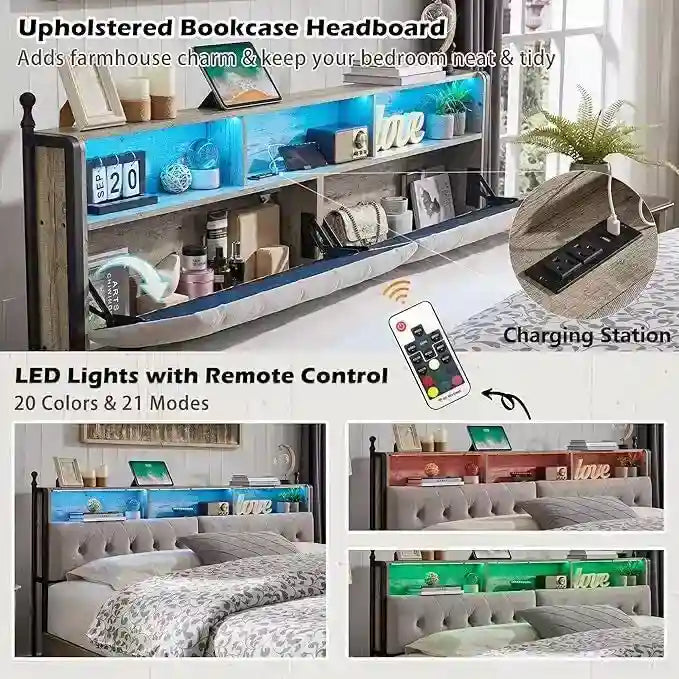Cadre de lit King Size avec tiroirs de rangement, éclairage LED et station de recharge
